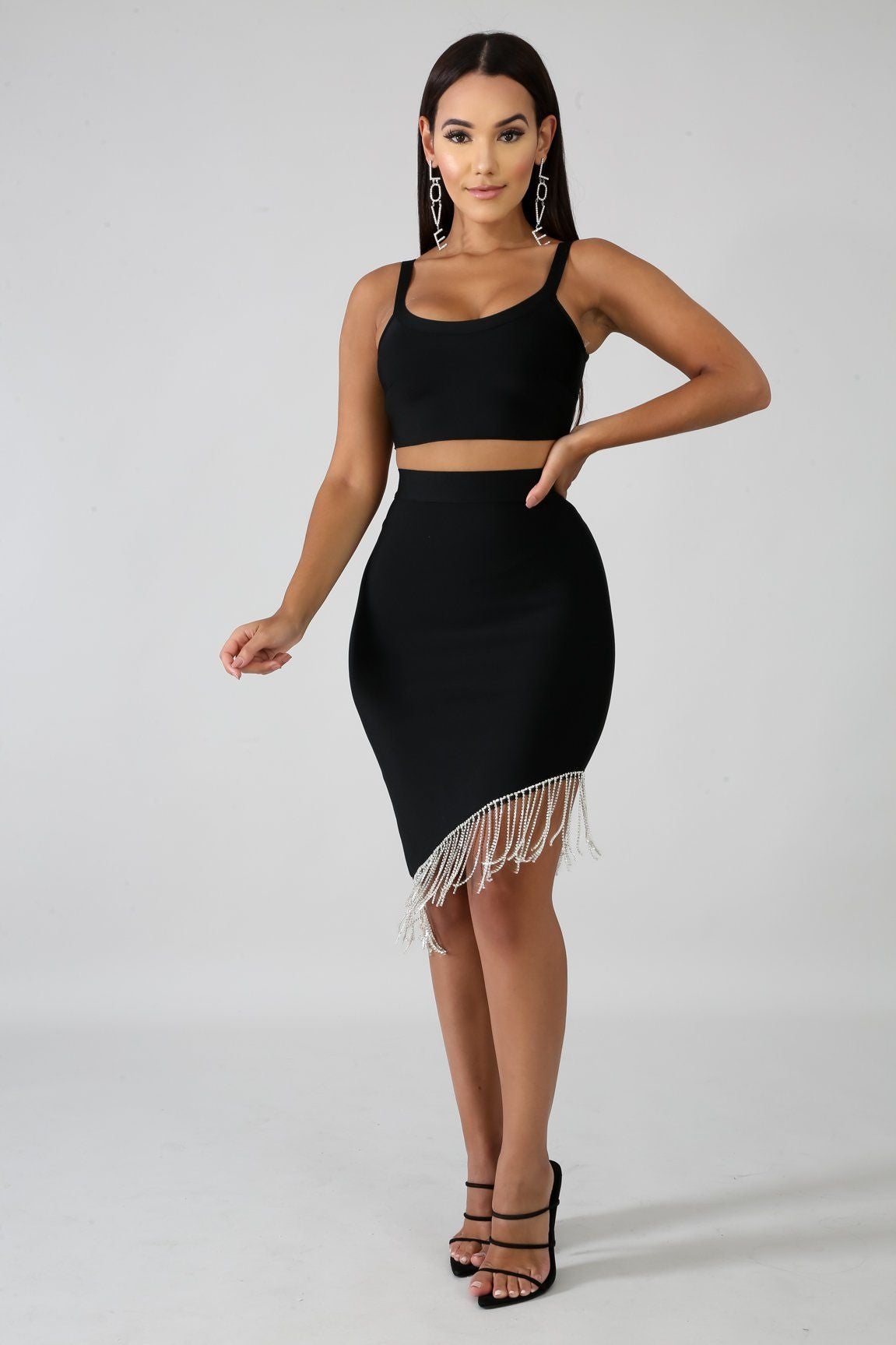 Rhinestone Fringe Bondage Skirt Set | GitiOnline