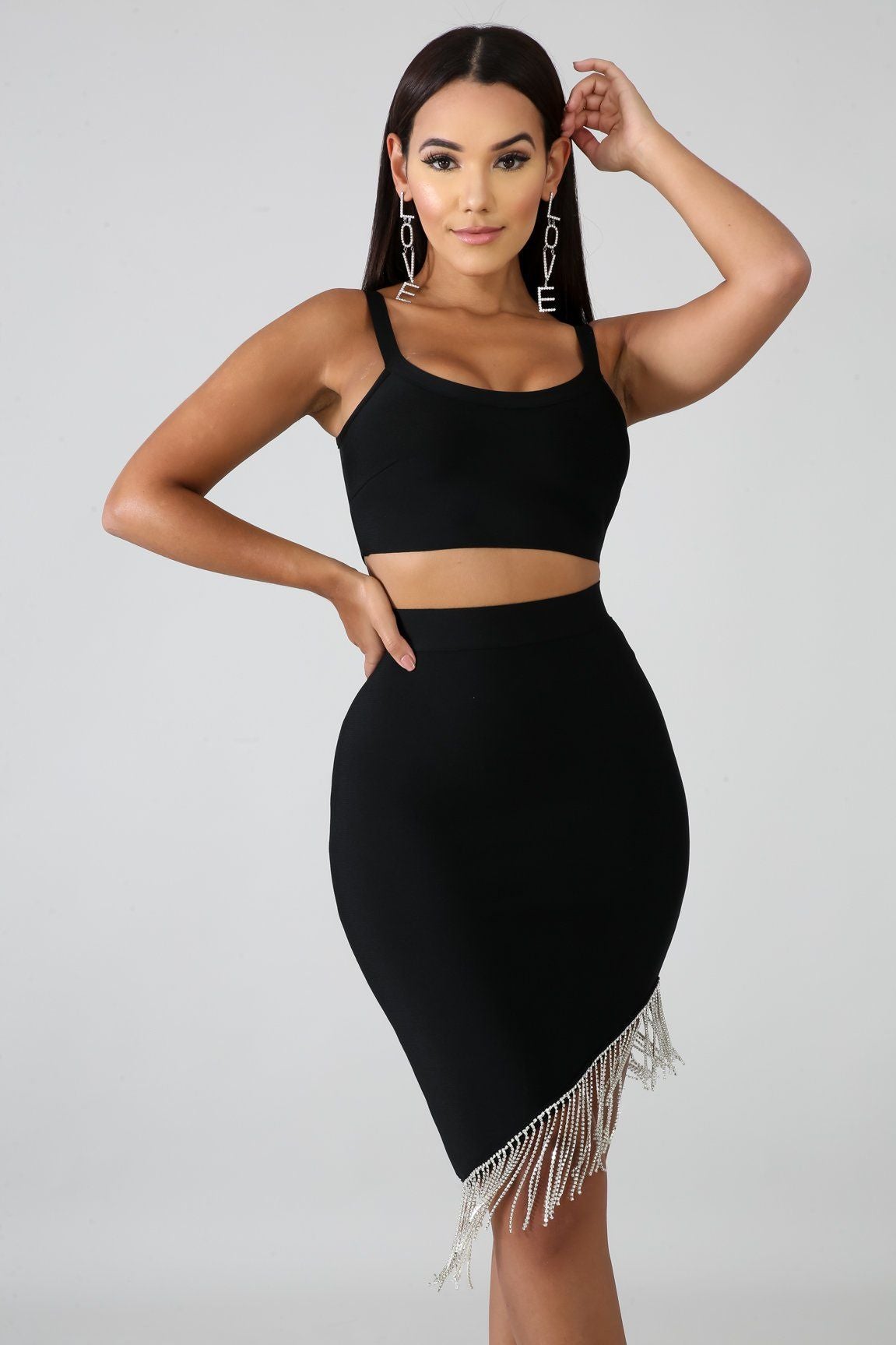 Rhinestone Fringe Bondage Skirt Set | GitiOnline