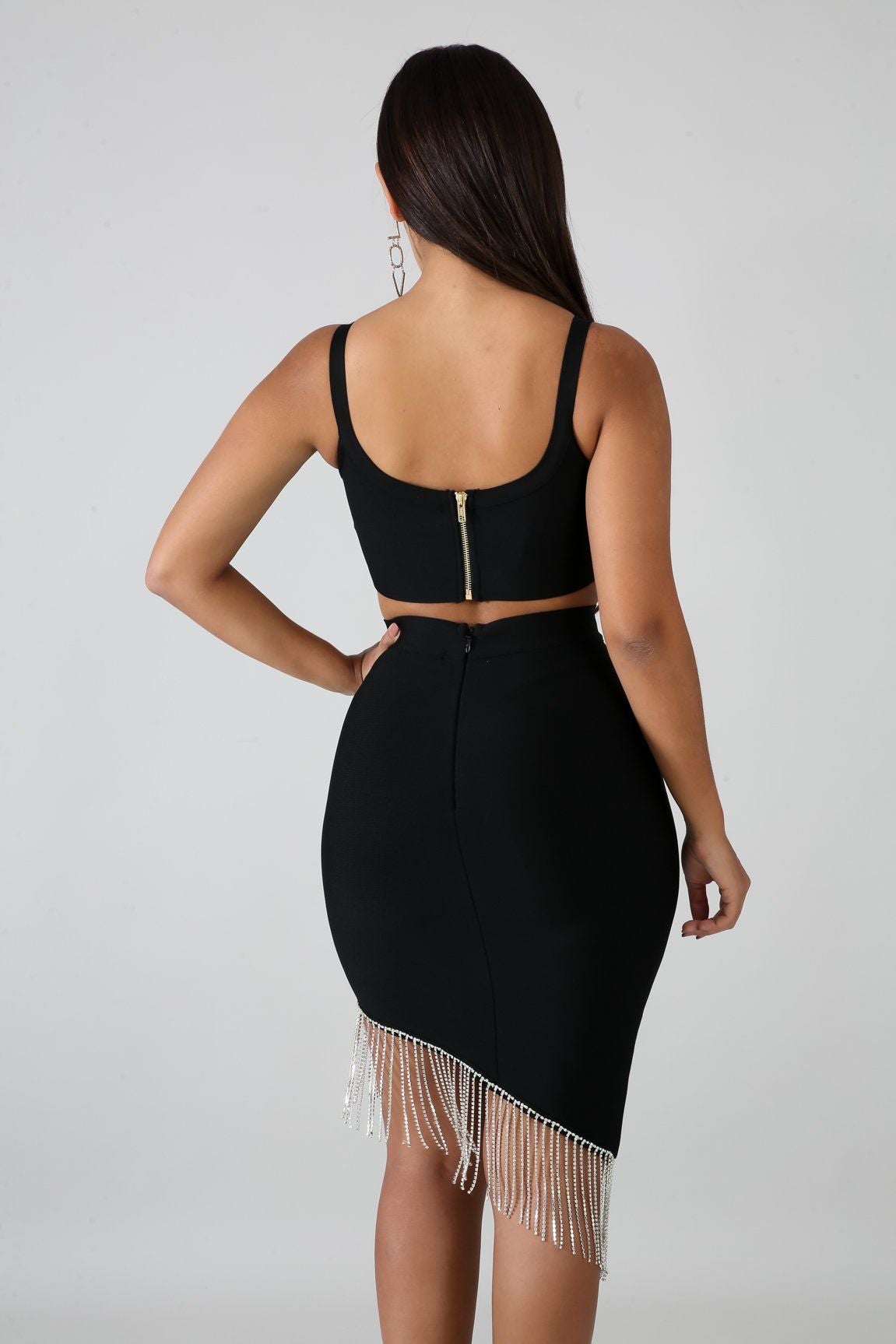Rhinestone Fringe Bondage Skirt Set | GitiOnline