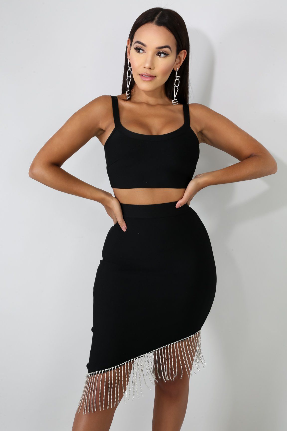 Rhinestone Fringe Bondage Skirt Set