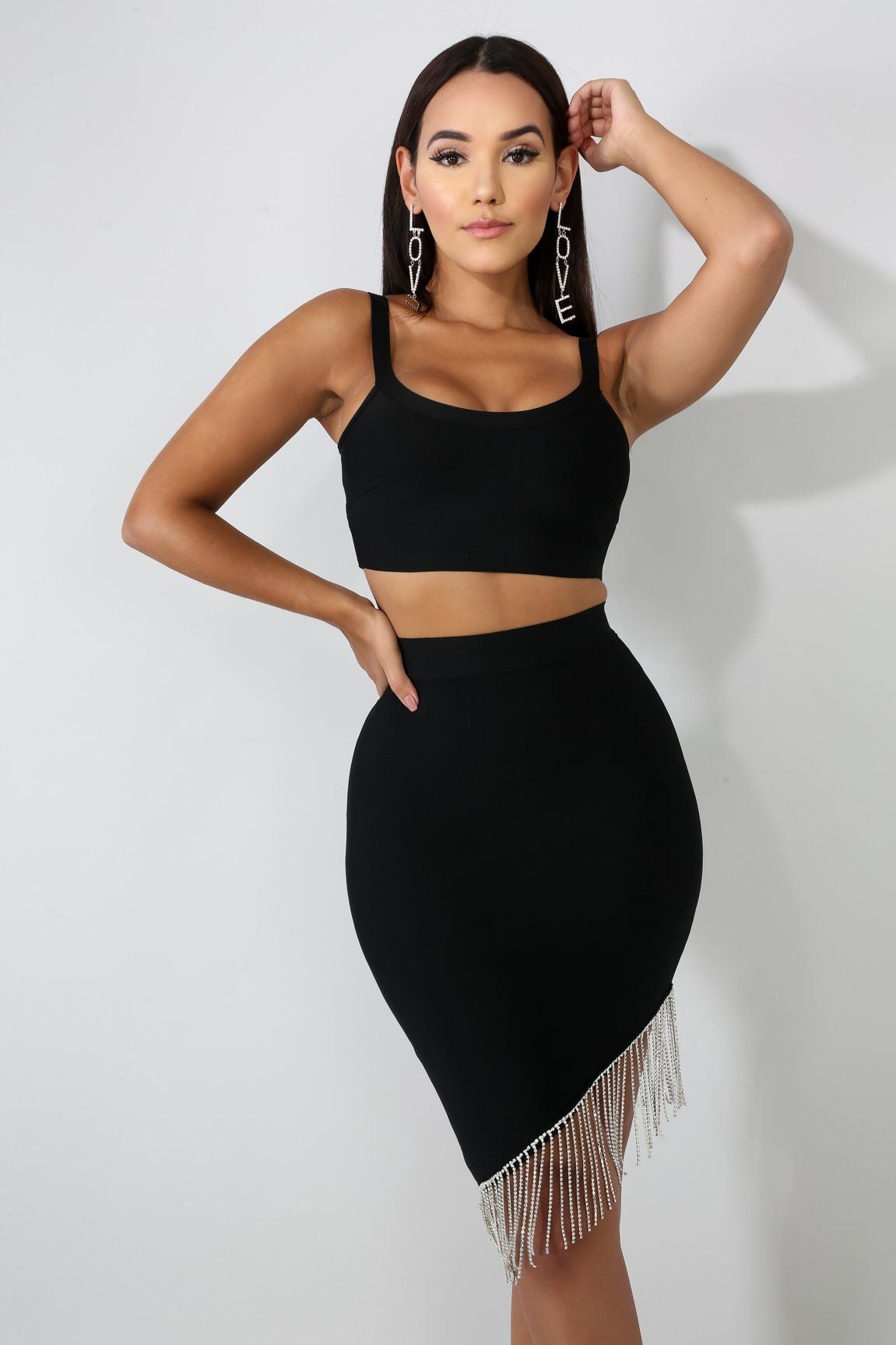 Rhinestone Fringe Bondage Skirt Set | GitiOnline