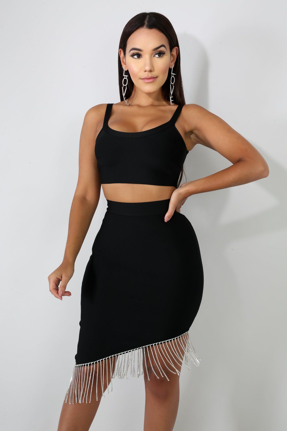 Rhinestone Fringe Bondage Skirt Set | GitiOnline