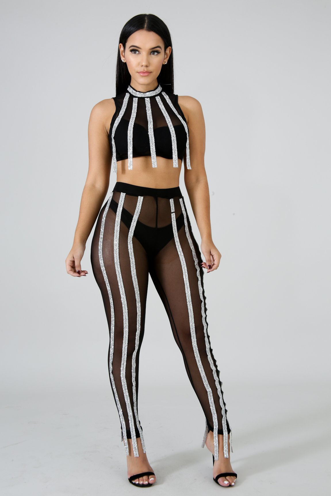 Glitter Stripe Sheer Pants Set | GitiOnline