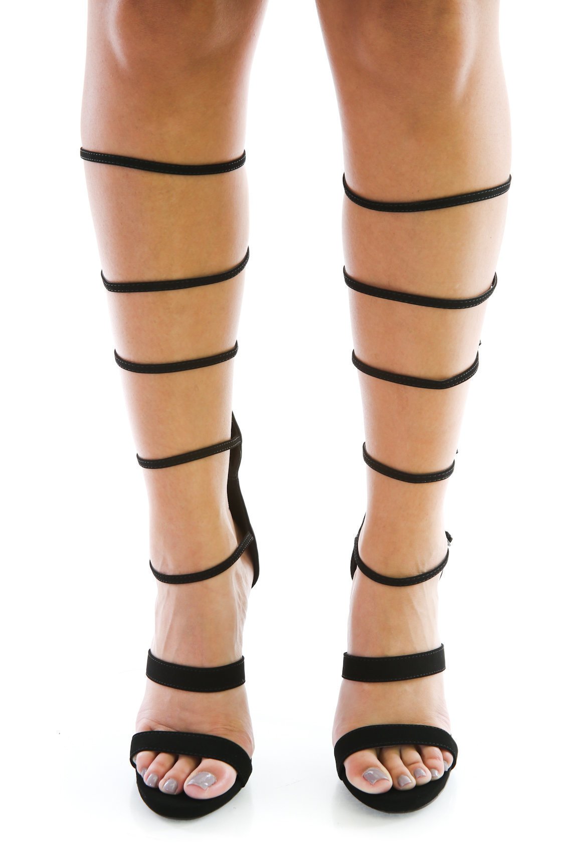 Black Stiletto Heels Strappy Knee High Gladiator Heels Sandals |FSJshoes