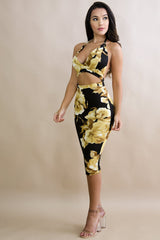 Golden Floral Cut Out Body-Con Dress