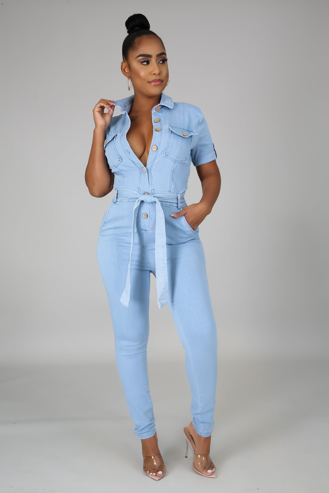 Light blue denim jumpsuit