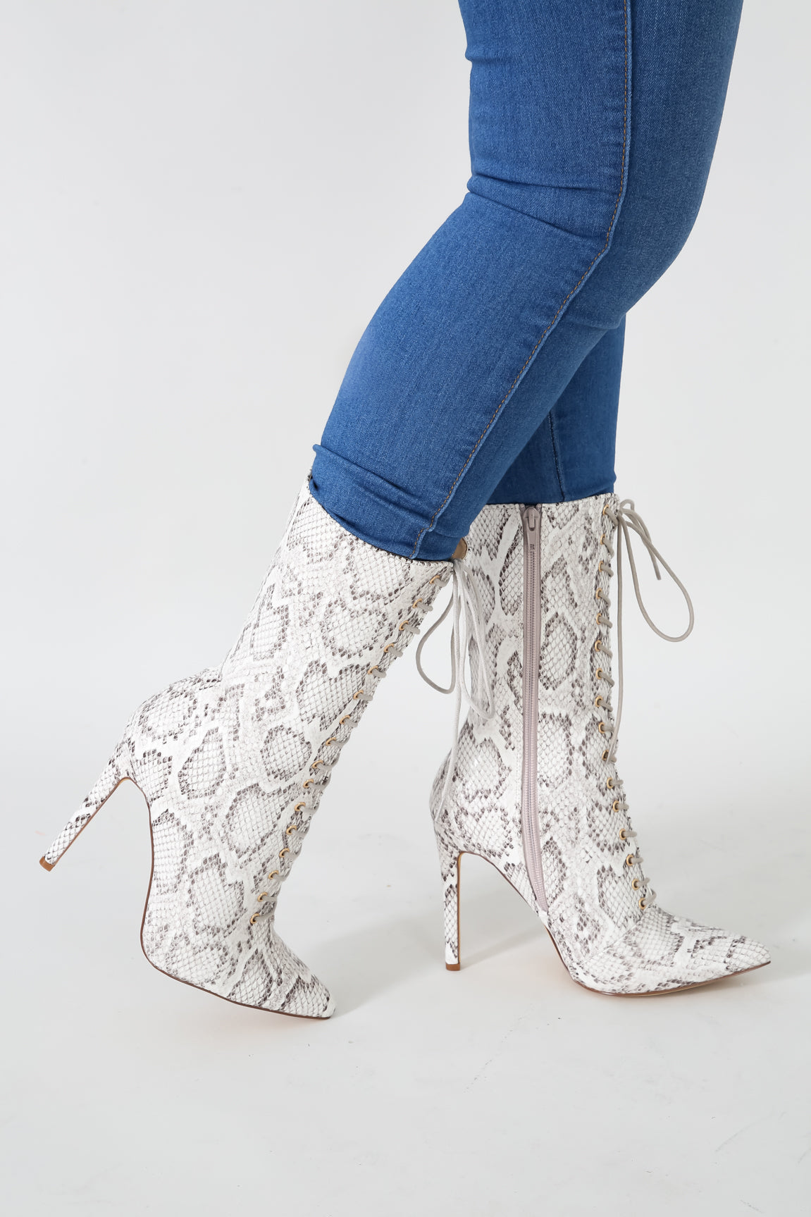 Snake White Strap Mid Calf Boots | GitiOnline