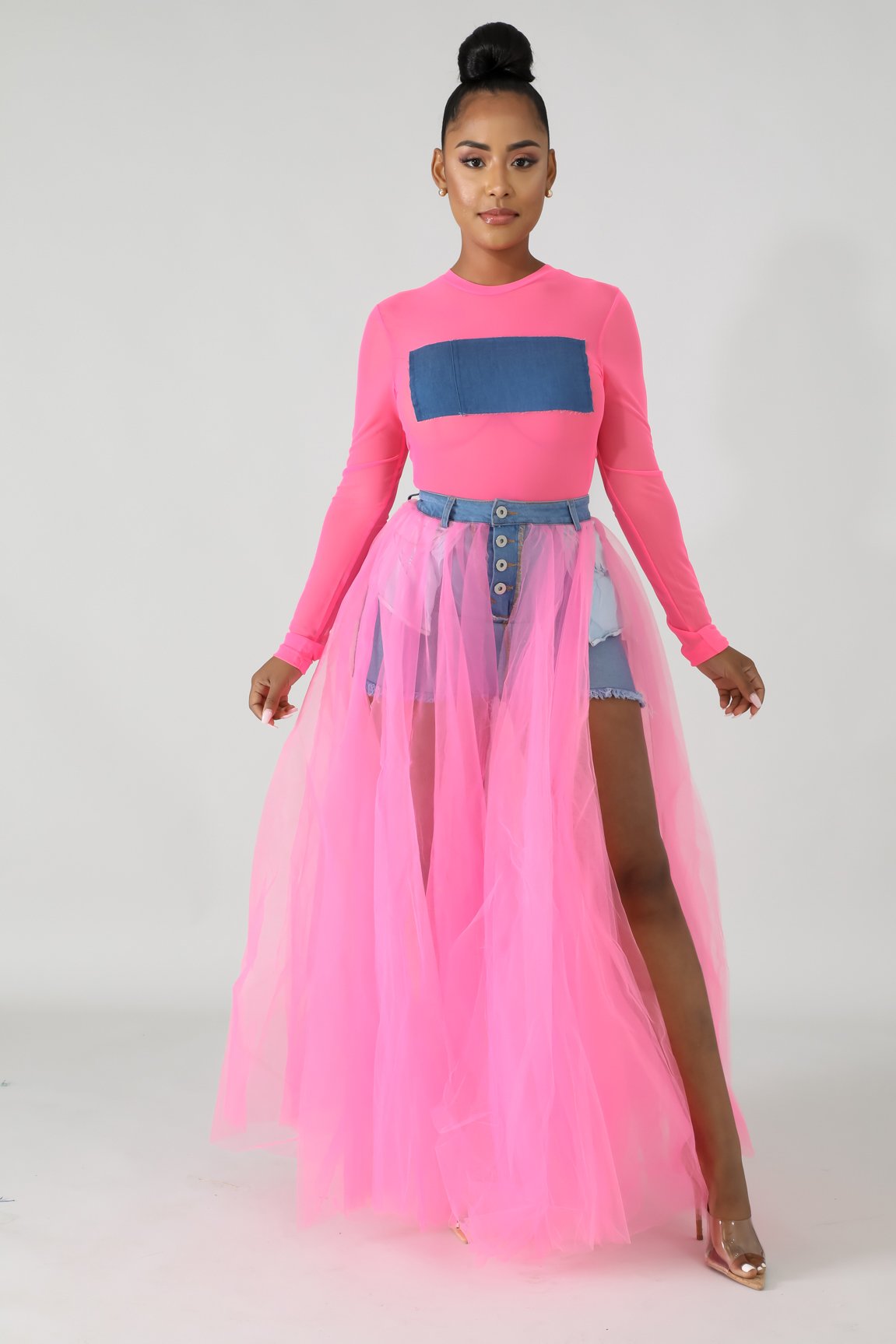 Raw Tulle Denim Maxi Skirt | GitiOnline
